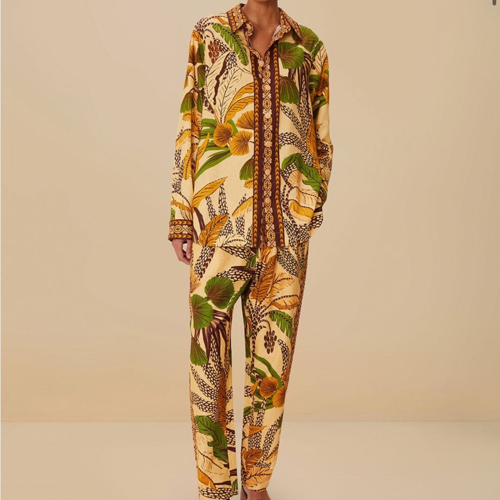 FARM Rio Yellow Cream Floral Print Relaxed Pants & Shirt Set